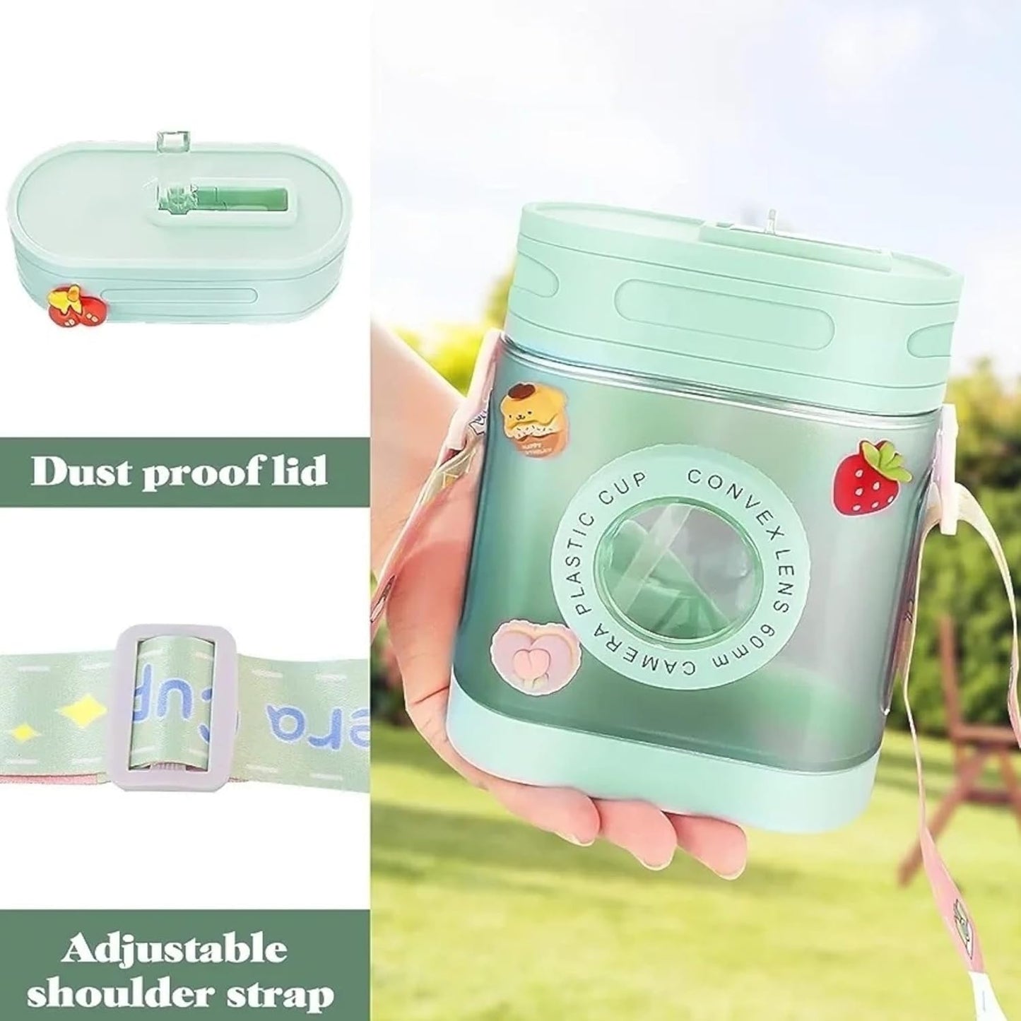 Camera Water Bottle With Straw And Strap