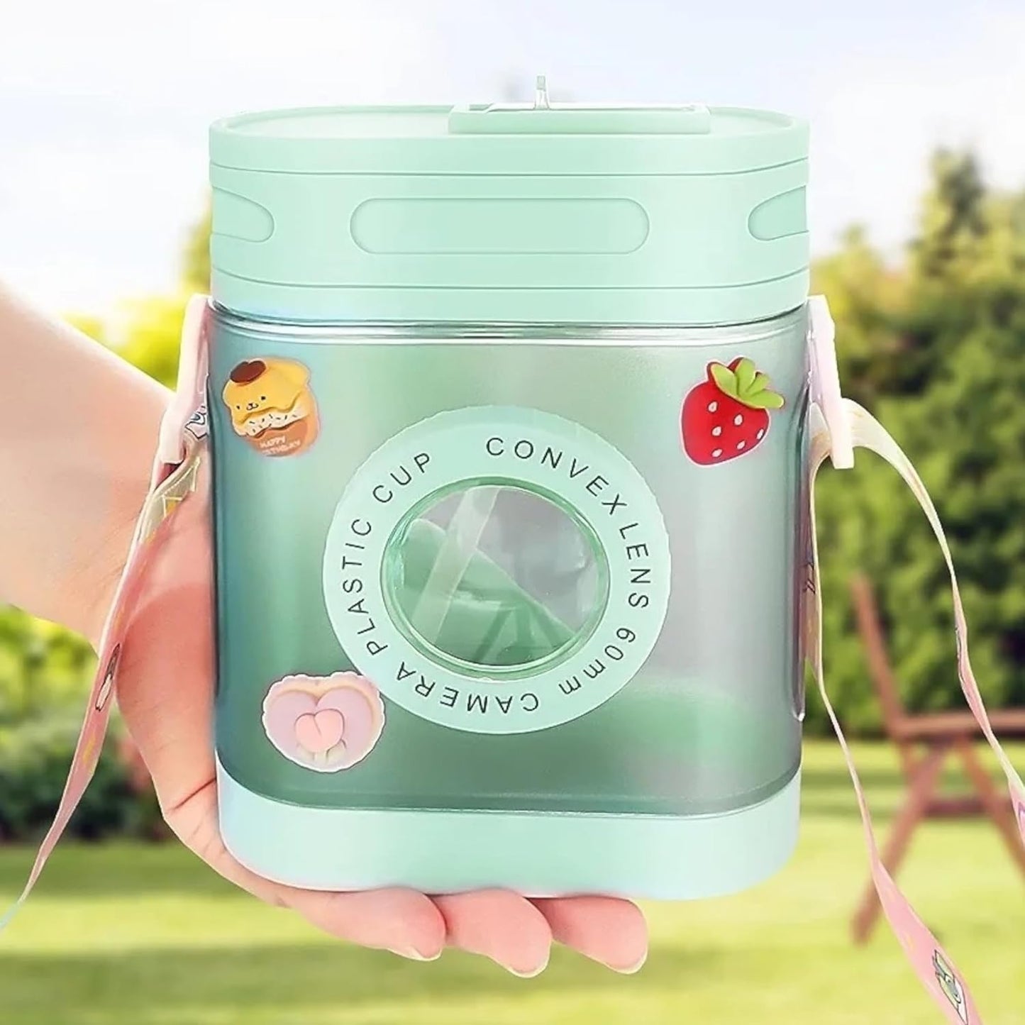 Camera Water Bottle With Straw And Strap