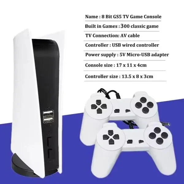 🎮 8-Bit GS5 Retro TV Game Console with 300 Built-In Classic Games + Dual USB Controllers