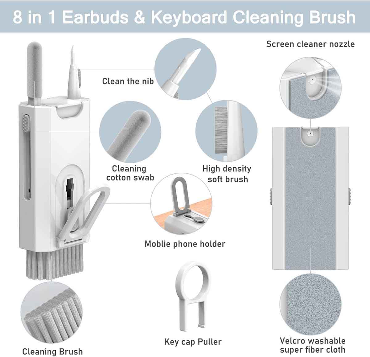 8 in 1 Keyboard Cleaner Kit with Brush for Earbuds PC ETC