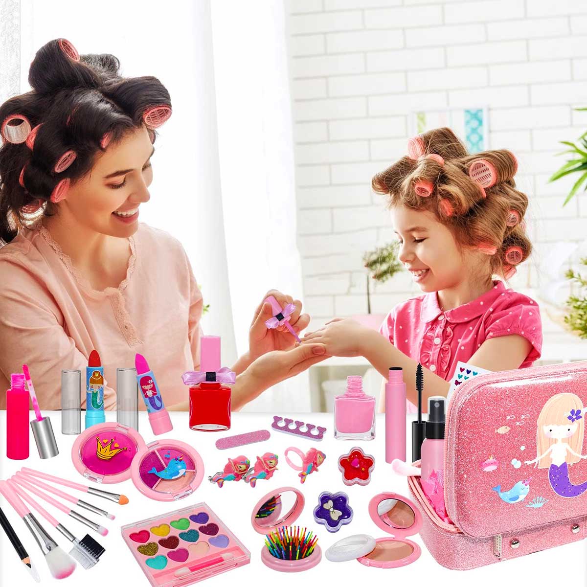 Mermaid Portable  non Toxic Makeup Set Nail Art Kit Vanity Toy for Girls