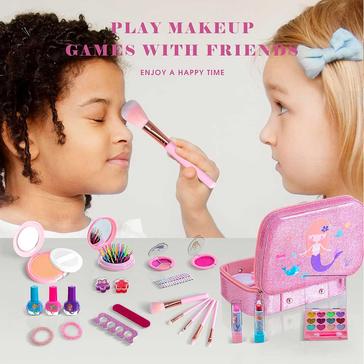 Mermaid Portable  non Toxic Makeup Set Nail Art Kit Vanity Toy for Girls