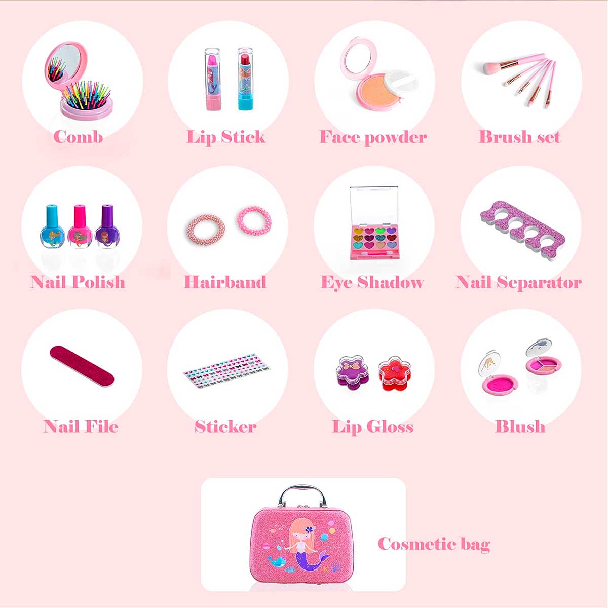 Mermaid Portable  non Toxic Makeup Set Nail Art Kit Vanity Toy for Girls